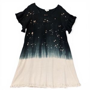 Umgee Black Cream Ombre Linen Blend Dress Sz S Flutter Sleeve Pockets Boho Tunic